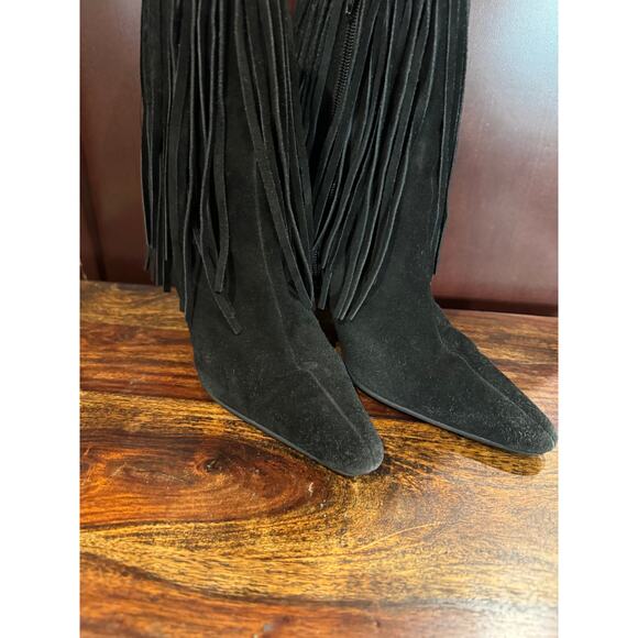 Black Suede Fringe Pointed Toe Heeled Boots Western Boho Indie Glam W Sz 7 - Picture 6 of 7